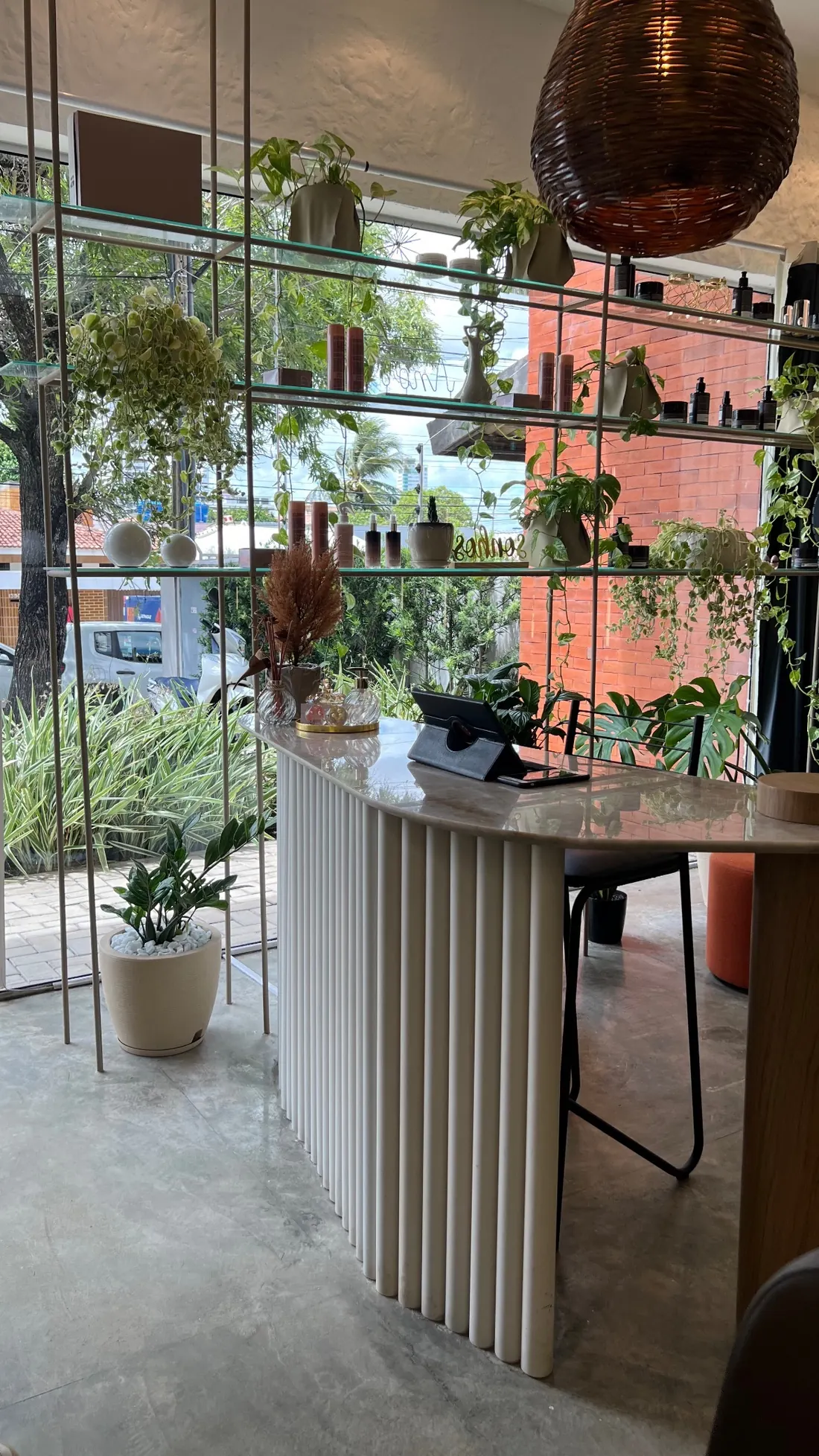 Ambiente da Beleziara: sofá curvo claro, esquadrias escuras, plantas e balcão canelado